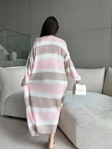 Flirla Plus Size Color Block Striped Mid-Length Cardigan, New Autumn/Winter Design Fall - Pink - View 3