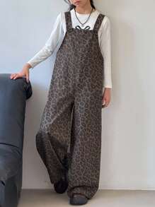 SHEIN 青少年女孩秋冬装休闲豹纹口袋宽松宽松连体裤猎豹印花（不含 T 恤）、休闲百搭牛仔裤、返校秋冬返校节服装、万圣节女孩服装、圣诞节服装、老款服装 - 棕色 - 查看 4