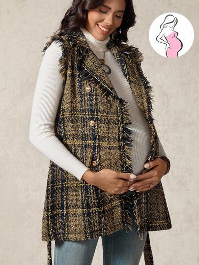 Boho Mama 孕妇格子翻领双排扣无袖优雅常规外套