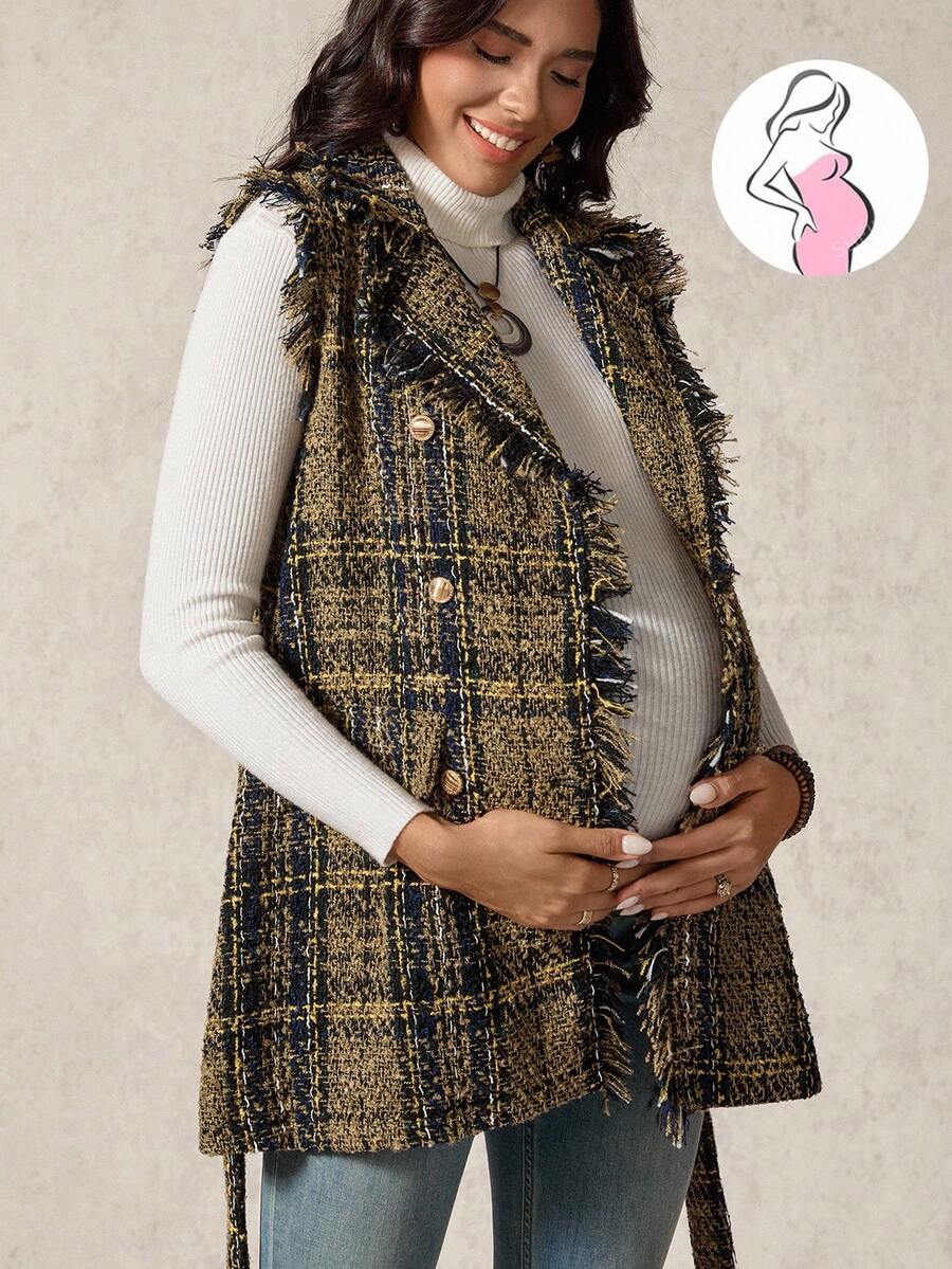 Boho Mama 孕妇格子翻领双排扣无袖优雅常规外套 - 棕色 - 查看 1