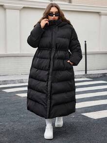 SHEIN CURVE+ 女式加大码连帽长款夹棉外套（配腰带），秋冬 - 黑色 - 查看 6