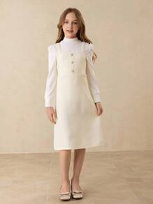 Tween Girl Elegant White Long Puff Sleeve Textured T-Shirt&Pearl Button Bodycon Dress Set,Back-To-School Autumn School Christmas Graduation Formal - Apricot - View 6