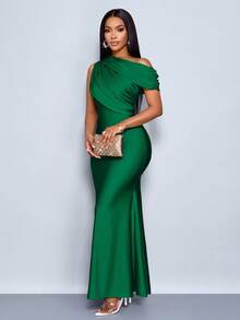 SOLERSUN 夏季女士婚礼派对优雅杏色针织亮面面料不对称露肩无袖拼接收腰修身鱼尾裙摆长裙 - 墨綠色 - 查看 4