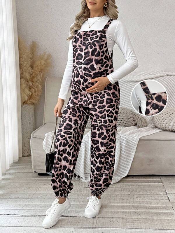 SHEIN 孕妇休闲时尚街头豹纹连体裤（不含T恤）