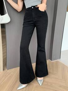 DAZY 女式西式水洗喇叭裤牛仔裤 - 黑色 - 查看 8