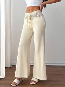 SHEIN PETITE 女式白色针织腰带配串珠抽绳直筒宽松休闲度假裤 - 杏色 - 查看 5