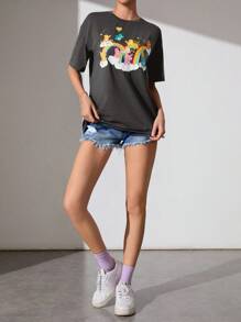 SHEIN X Care Bears Cartoon Pattern Cute Loose Short Sleeve T-Shirt For Women, Summer