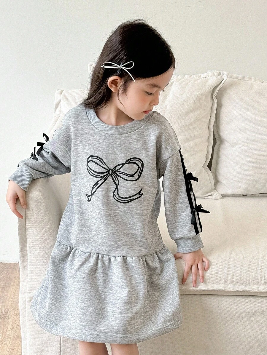 Genkimix Kids Váy công chúa trang trí nơ tay dài thanh lịch cho bé gái - Xám - Xem 1