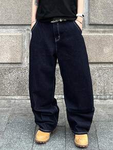 PAVTROS 男士时尚口袋印花宽松牛仔裤 - 深色水洗藍 - 查看 3