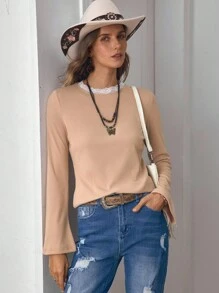 LanaWest 女式西部休闲圆领蕾丝边常规版型喇叭袖 T 恤 - 卡其色 - 查看 4