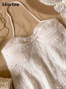 少女杏色吊带蕾丝提花A字露脐吊带背心，适合夏季休闲度假穿着 - 杏色 - 查看 3
