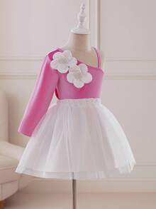 Glamorique Kids 女童天鹅绒斜肩3D花卉上衣和网眼裙两件套，适合节日、派对、活动 - 粉色 - 查看 4