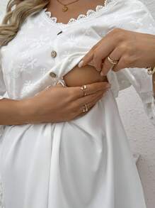 SHEIN Top d'allaitement élégant à manches mi-longues, col rond, avec patchwork en dentelle - Blanc - Voir 6