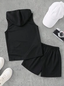 PAVTROS Tween Boy Letter Patched Detail Hooded Tank Top & Drawstring Waist Shorts - Black - View 2