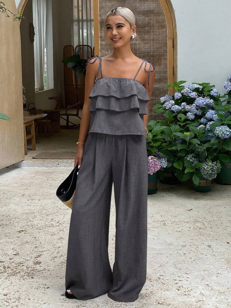 2pcs/Set Women's Charcoal Gray Ruffle Trim Crop Camisole Top And High Waist Tie Wide Leg Pants,Summer Casual Vacation Holiday Outfits Lounge Sets