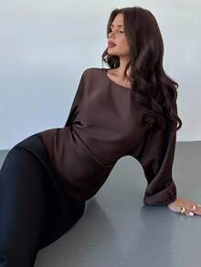 Firerie Fall Women's New Elegant Romantic Casual Urban Commute Elegant Fashion Versatile Coffee Brown Round Neck Batwing Long Sleeve Tie-Waist X-Shaped Regular Fit Blouse, Suitable For Teachers, Autumn, Fall Women Clothes,Elegant Women's Blouses - Brown - View 7