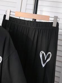2件套少女心印花圆领休闲短袖T恤和长裤 - 黑色 - 查看 4