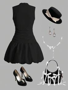 SHEIN Nova Glow Tween Girls Elegant Solid White Color Stand Collar Bachelorette Dress Y2k Dress , Suitable For Casual Daily Wear & School Daily , Back To School,Graduation Dress Black Dress Bubble Hem Girls Sleeveless Dress Girls Black Dress Kids Black Dress Tween Black Dress Black Dress Girl Black Dress For Tweens Black Dress Kid Girl