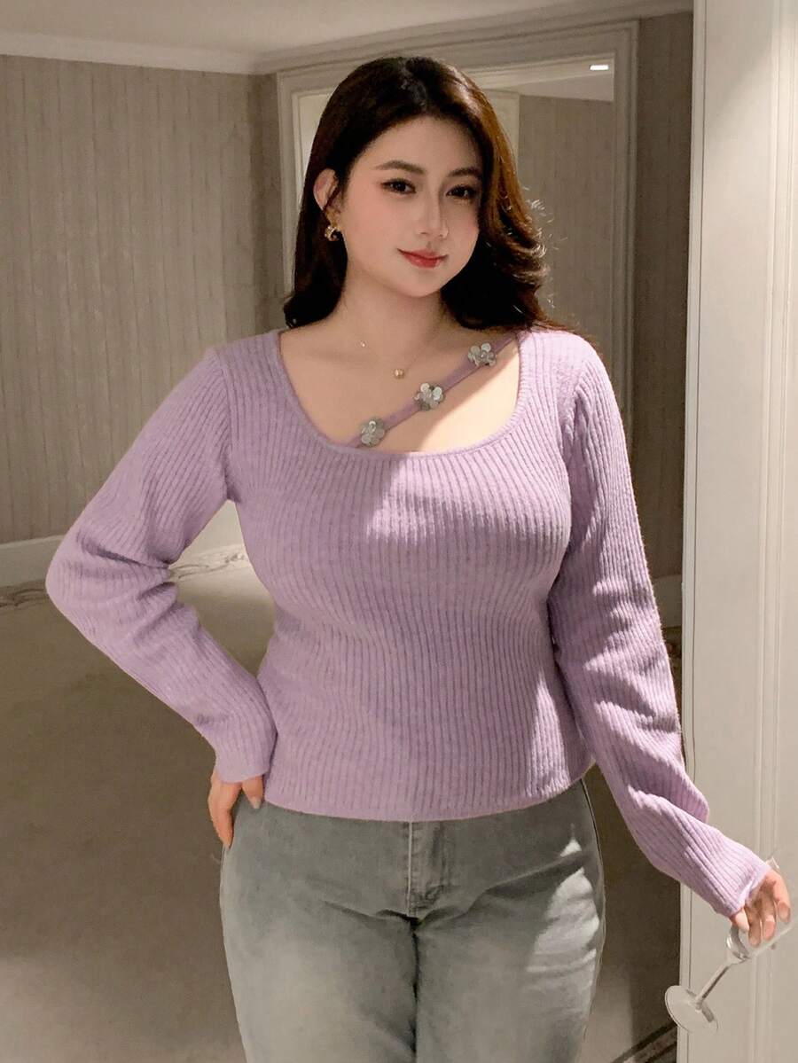 Dazy Plus 大码女式罗纹撞色领亮片花朵镂空修身长袖套头衫秋季 - 淺灰紫 - 查看 1