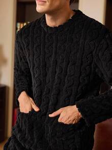 EverLounge 男士柔软纯色双口袋长袖睡袍，秋冬季休闲款，男士蓬松睡袍，舒适保暖 - 黑色 - 查看 5