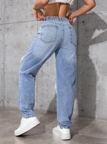 大码女式夏季牛仔破洞牛仔裤 - 藍色 - 查看 2