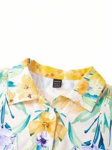 Ellevyn 女士宽松长款衬衫外套和阔腿裤两件套，黄色花卉印花，优雅日常穿着 - 彩色 - 查看 7