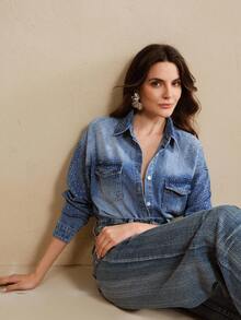 Anewsta Elegant Rhinestone Embellished Blue Denim Blouse, Suitable For Fall, Winter, New Year, Elegant, Chic, Stylish, Christmas, Going Out - Blue - View 5