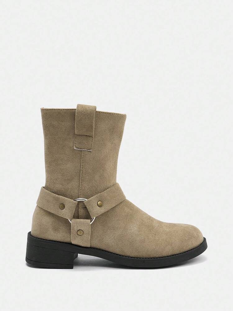 CUCCOO BIZCHIC Women's Round Toe Khaki Suede Side Zipper Classic Ankle Boots, Versatile Flat Short Booties For Daily Commute