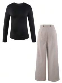 Franclia Black Crew Neck Long Sleeve Knit Top And Striped Wide Leg Pants, Casual Elegant School Teacher Outfit For Women, Autumn Fall Cloth For Women - Black - View 3