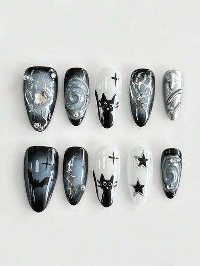 Grunge Punk 10pcs Dark Gothic Bat & Star Pattern High Quality Handmade False Nails + 3pcs Double-Sided Adhesive, Y2K Style Rhinestone Blue & Black Ombre Nail Stickers, Detachable Hand-Painted Black Cat Nail Art Stickers, Suitable For Holidays, Parties, Dancing And Daily Wear