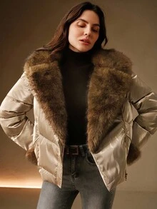 Anewsta Áo khoác lông thú sang trọng cổ ghép lông ôm vừa vặn túi khóa kéo kim loại cho nữ ngắn dày - Rượu sâm banh - Xem 6