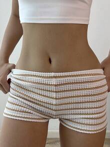 Sunnyshic Khaki & White Striped Ark Texture Fabric Low Waist Skinny Ultra-Short Shorts, Suitable For Vacation, Beach, Casual, Daily Wear, Streetwear, Versatile, Spring/Summer, For Women