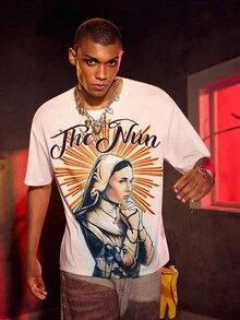 The Nun X SHEIN Men's Letter & Figure Graphic Round Neck Short Sleeve T-Shirt - Khaki - View 4