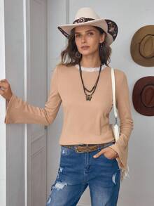 LanaWest 女式西部休闲圆领蕾丝边常规版型喇叭袖 T 恤 - 卡其色 - 查看 5