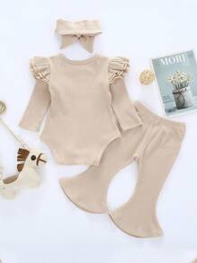 SHEIN Vintaside Kids 嬰兒女寶寶分層荷葉邊連體褲套裝 和喇叭褲和頭帶