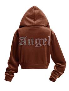 SHEIN Tween Girl Velvet Rhinestone Pocket Hooded Zip-Up Sweatshirt And Slim Flare Pants Casual Elegant 2 Pieces Set, Girl Brown Two Piece Set, Girl Co Ord Set, Girls Brown Velour Tracksuit, Girls Rhinestone Two Piece Fall Winter