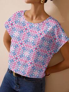 Shutterstock Glamance Women's Casual Simple Round Neck Blouse, Suitable For Summer - Pink - View 4