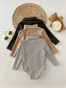 SHEIN Set de 3 piezas de body de manga larga con cuello de tortuga casual y cómodo para bebé niño en otoño e invierno - Multicolor - Ver 2