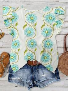 EMERY ROSE Áo kiểu nữ màu hồng in hoa, chất liệu sợi tre, cổ tròn, tay bồng, dáng ngắn, thích hợp cho mùa xuân/hè. - màu xanh lá - Xem 2