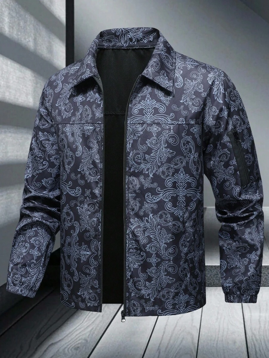 Manfinity Homme Men's Floral Pattern Long Sleeve Zip Front Casual ...