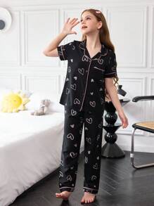 SHEIN 女童褶饰心形印花开衫睡衣套装 - 黑色 - 查看 3
