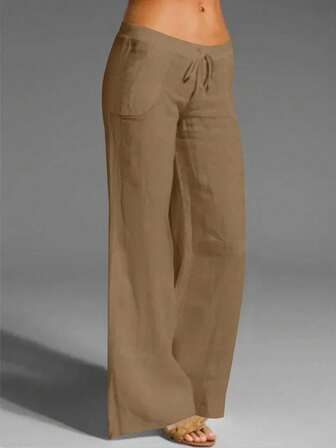 SHEIN Tall Pantalones casuales de estilo francés elegante para vacaciones, de lino sintético con forro blanco y bolsillos para mujer
