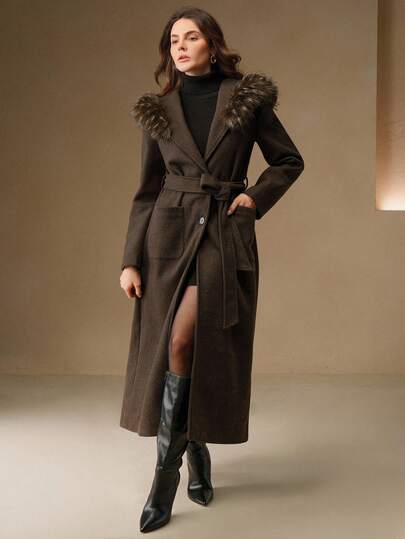 Anewsta Fluffy Fur Collar Hooded Long Overcoat, Suitable For Autumn, Fall, Winter, Going Out, Elegant, Formal, Party, Chic, New Year, Women's Winter Coat, Christmas, Work, Graduation