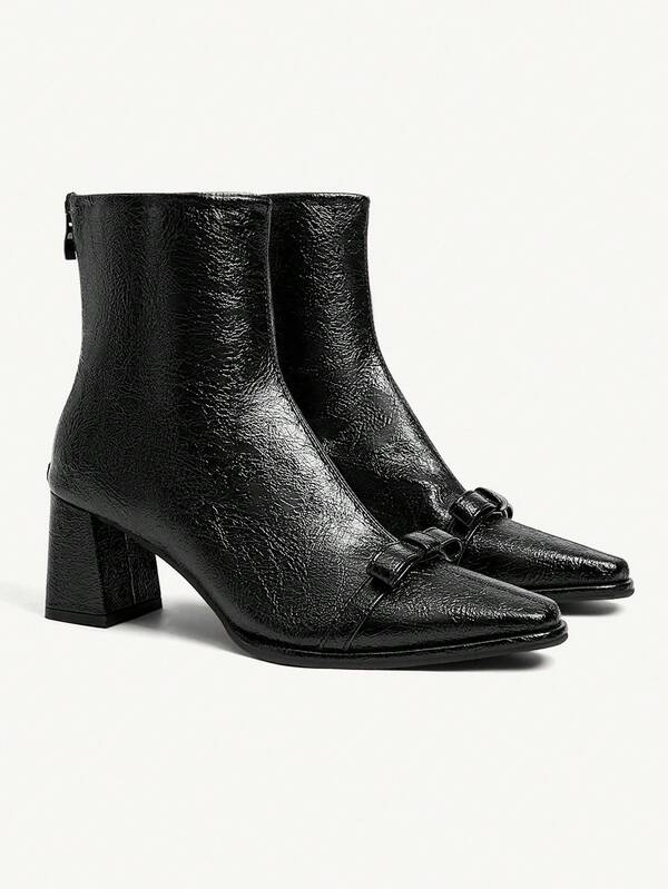 CUCCOO CHICEST Black Square Toe French Style Chunky Heel Chelsea Boots With Bow Zipper Back, Fashion Women Short Boots