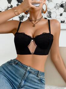 SHEIN 1pc Women's Soft & Comfortable Romantic Lace & Mesh Patchwork Underwire Padded Bra Lace Bralette Bralette Top Cute Bra - Black - View 3