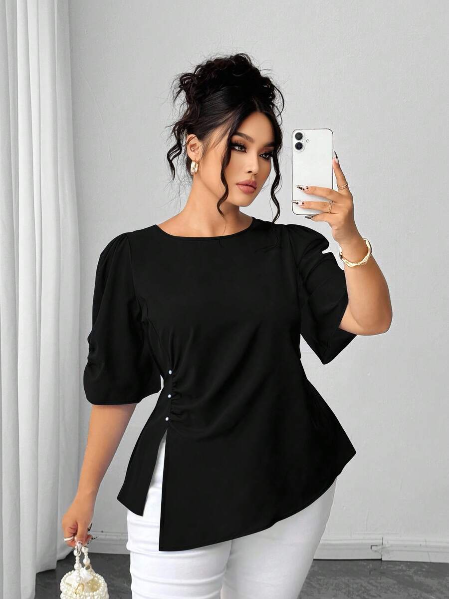Elenzga Plus Size Women's Elegant Woven Short Sleeve Blue Beaded Decor Fitted Blouse - Black - View 1