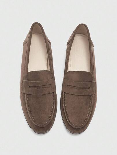 CUCCOO BIZCHIC 女士时尚咖啡色绒面舒适休闲乐福鞋，适合通勤、户外散步、工作、日常穿着，百搭平底鞋