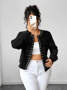 Elenzga Colección Kooky Elegance (Vibes de Woe Is Me)(Estética del miércoles) Elegante suéter de cárdigan vintage de manga larga y corto con cuentas para mujeres de talla grande, casual y de negocios, para otoño/invierno