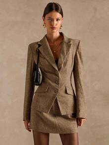 SHEIN BAE 女士时尚商务套装 - 西装外套和裙子两件套、别致女士套装、西装、剪裁、女士量身定制的衬里西装外套、秋冬优雅女士套装 - 咖啡棕 - 查看 1