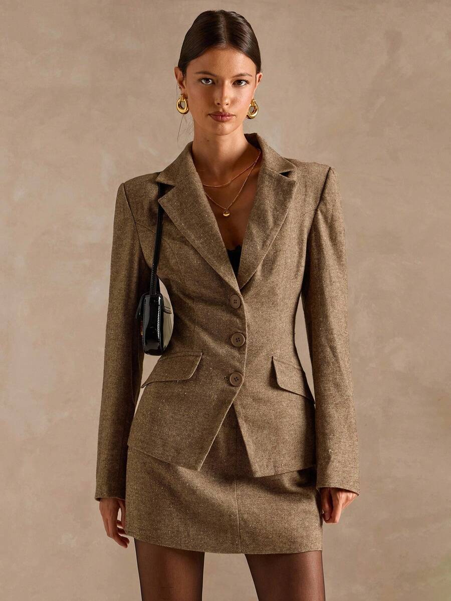 SHEIN BAE 女士时尚商务套装 - 西装外套和裙子两件套、别致女士套装、西装、剪裁、女士量身定制的衬里西装外套、秋冬优雅女士套装 - 咖啡棕 - 查看 1